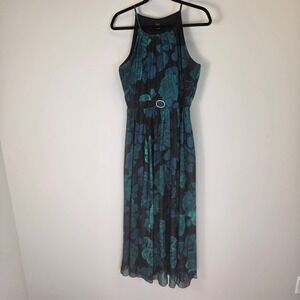 Alexa B Floral Metallic Maxi Dress Teal Blu Rose High Neck Rhinestone Buckle